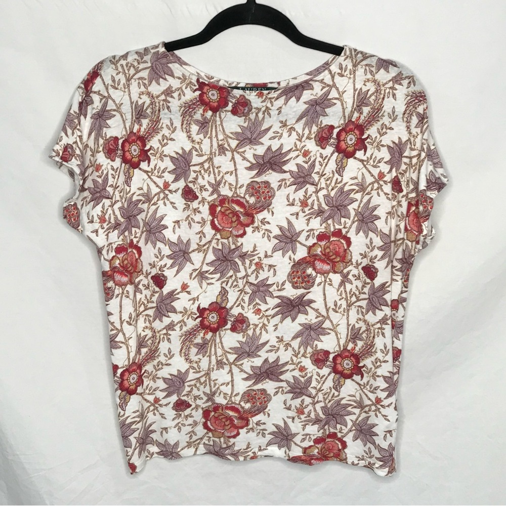 Lauren Ralph Lauren White Floral Top SS Shirt Women's Sz XS Linen Blend